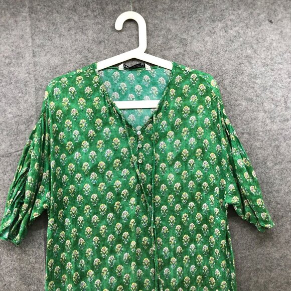 Zara Maxi Dress Womens XS Green Boho Print Ruffle Short Sleeve V-Neck Relaxed - Picture 3 of 10
